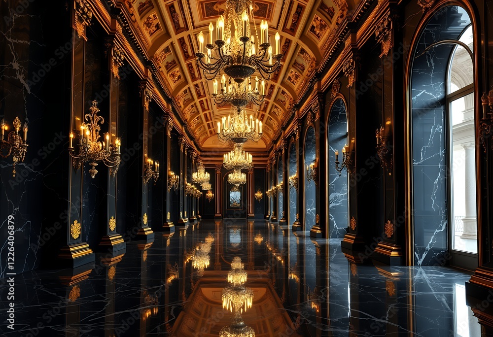 Obraz premium Luxurious Grand Hallway Decorated With Ornate Chandeliers and Elegant Black Marble, Generative AI