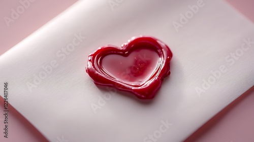 Romantic red wax heart seal softly glows on pale paper. AI Generated