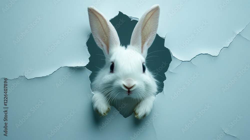 Obraz premium A playful white bunny peeking through paper, symbolizing fun and Easter joy. Perfect for holiday marketing and designs.