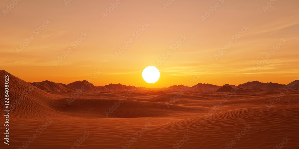 Fototapeta premium clean energy solar marketing concept. Serene desert landscape at sunset with warm orange hues and distant mountains.