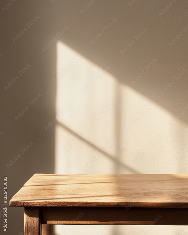 Sunlight illuminates empty wooden table against beige wall. Sunlight illuminates empty wooden table against beige wall.