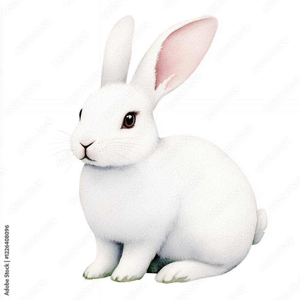 Charming Illustration of a Fluffy White Rabbit Sitting on a Plain White Background Charming Illustration of a Fluffy White Rabbit Sitting on a Plain White Background