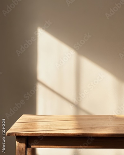 Sunlight illuminates empty wooden table against beige wall.