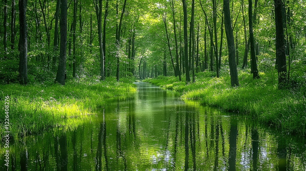 Obraz premium Serene Forest Stream Reflecting Lush Greenery