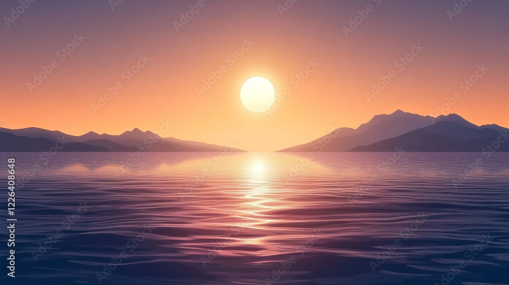 Naklejka premium serene sunset over calm ocean waters with distant mountains