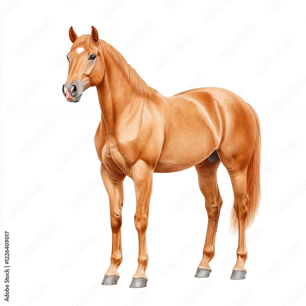 Fototapeta premium A Stunning Chestnut Horse Standing Against a Pristine White Background, Showcasing its Muscular Build and Rich Coat