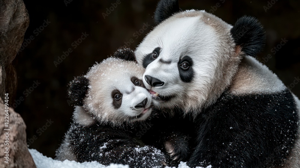 Fototapeta premium Adorable Panda Mother and Cub in Snowy Winter Habitat
