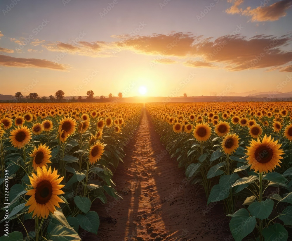 Fototapeta premium As the day comes to a close, the vibrant orange hues of the setting sun create a beautiful backdrop for rows of tall, healthy-looking sunflowers, beautiful sunset, landscape photography, warm colors