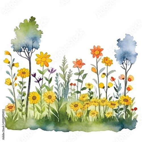 watercolors A sunny meadow with wildflowers swaying illustration
