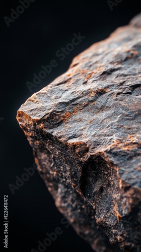 Close-up of a dark, rough-textured rock with subtle orange hues against a black background.