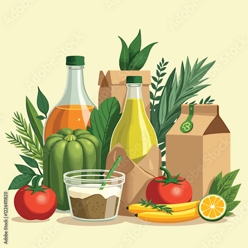 a variety of food items including a bottle of juice, a glass of juice, a bottle of juice