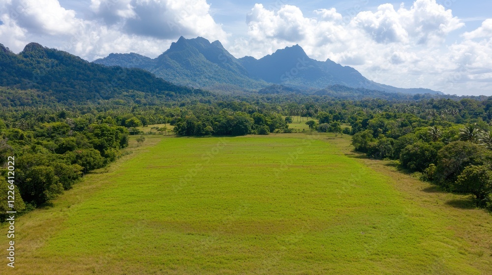 Renewable Energy Sustainability Climate Change concept. Picturesque Pastoral Landscape with Lush Farmland and Majestic Mountain Backdrop Renewable Energy Sustainability Climate Change concept. Picturesque Pastoral Landscape with Lush Farmland and Majestic Mountain Backdrop