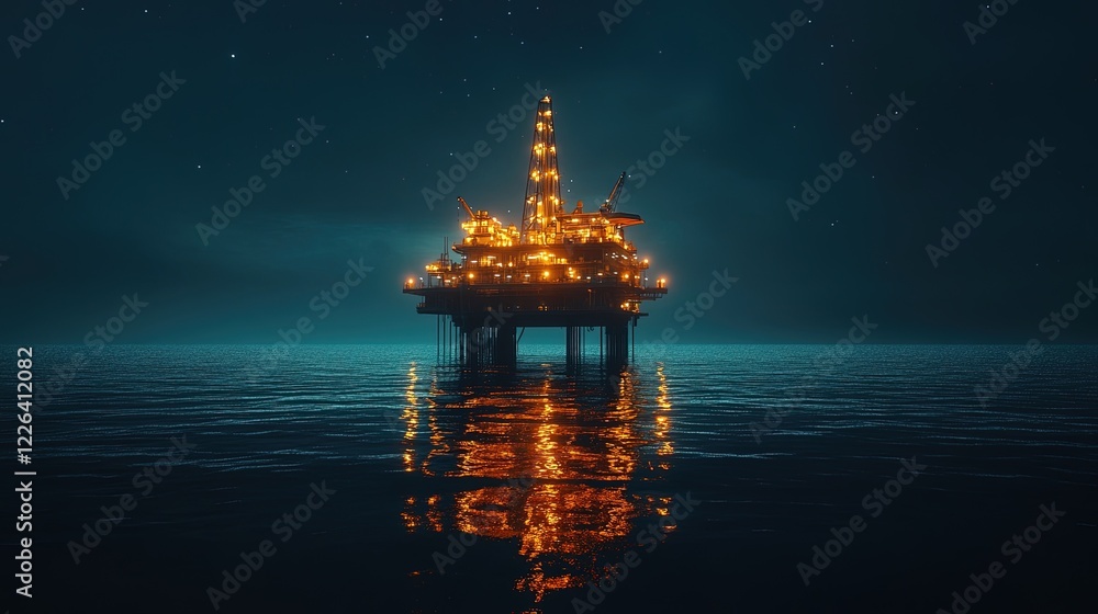Fototapeta premium Night view of an oil platform with bright lights, reflecting on calm ocean water