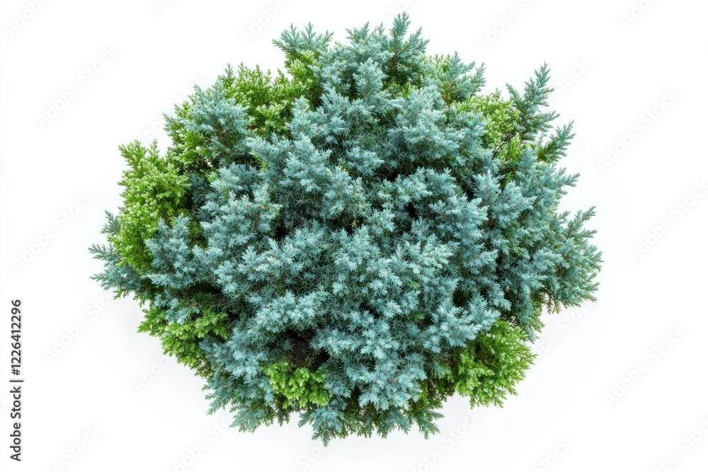 Fototapeta premium Aerial view of a blue and green juniper shrub, isolated on white background. Ideal for landscaping design