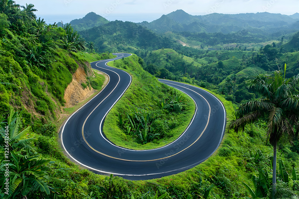 Winding mountain road, tropical landscape, journey Winding mountain road, tropical landscape, journey