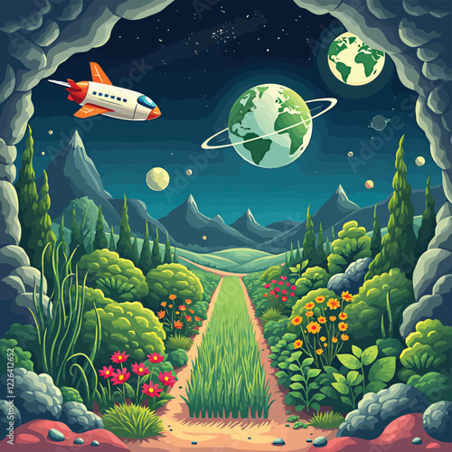 a cartoon landscape with a path to the planet