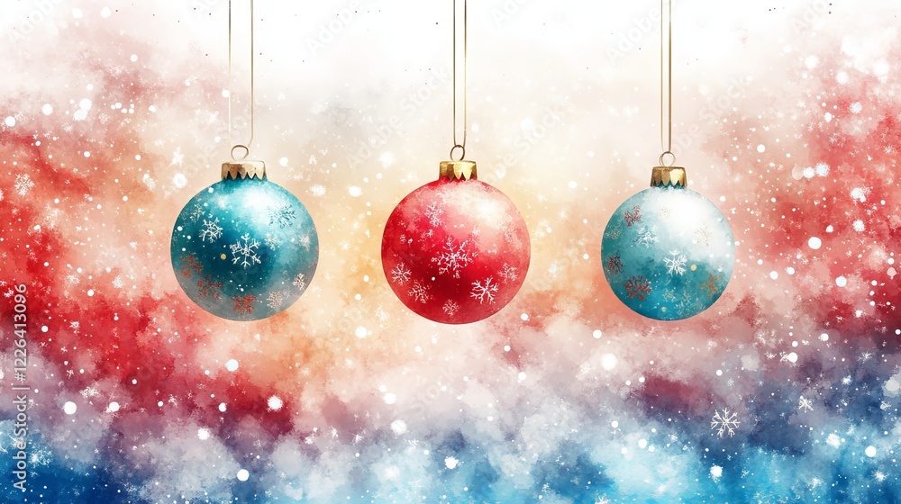 Three Colorful Christmas Balls Hanging Gracefully from Delicate Strings Against a Soft Snowy Background Creating a Festive and Joyful Atmosphere for the Holiday Season and Celebrations Three Colorful Christmas Balls Hanging Gracefully from Delicate Strings Against a Soft Snowy Background Creating a Festive and Joyful Atmosphere for the Holiday Season and Celebrations