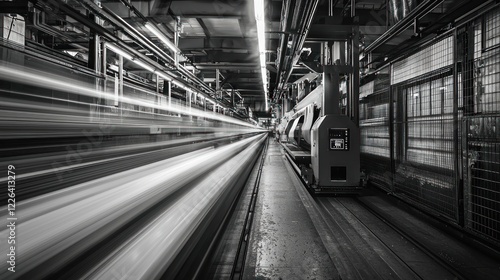 Black and white photo of a textile factory. The photo is taken from a long perspective, showing the rows of machines and the lights of the factory.