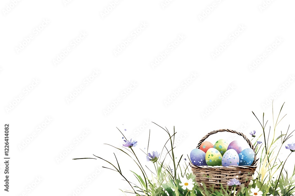 Fototapeta premium Easter day celebration watercolor style basket of eggs nature spring festive vibes