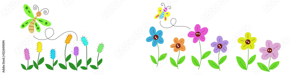 Hand drawn flower with butterfly icon vector featuring colorful blossoms and a cute flying bee. Perfect for nature, spring, pollination, garden, eco friendly, and decorative design projects