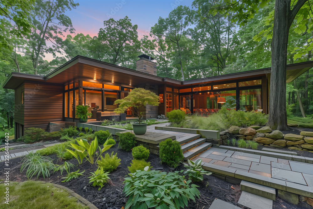 Sleek, modern home surrounded by lush forest with sustainable energy features Sleek, modern home surrounded by lush forest with sustainable energy features