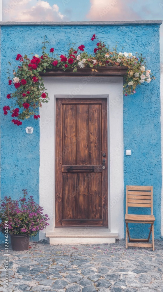 Fototapeta premium Blue House Exterior with Wooden Door Roses Chair Cobblestone