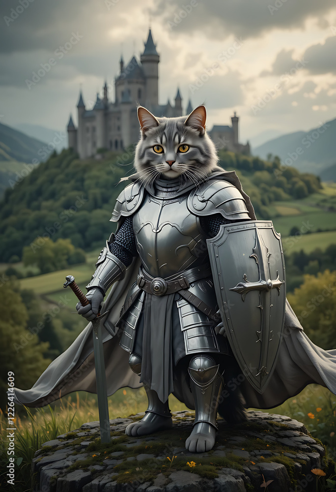Naklejka premium Cat as a knight in armor 