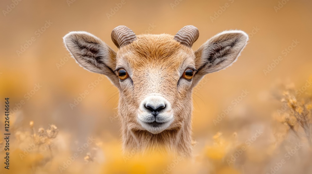 Young bighorn sheep portrait, autumn field, wildlife Young bighorn sheep portrait, autumn field, wildlife