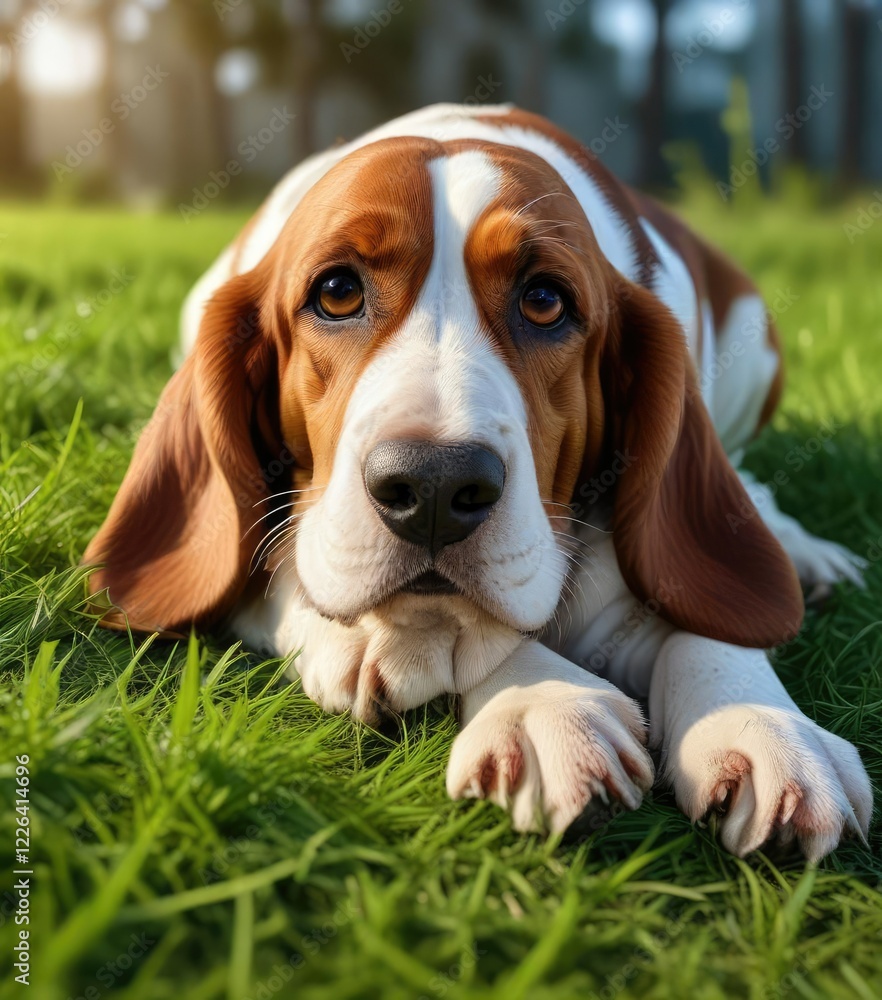 Basset hound resting on its side with one paw wrapped around a blade of grass, dog, paws, natural light Basset hound resting on its side with one paw wrapped around a blade of grass, dog, paws, natural light