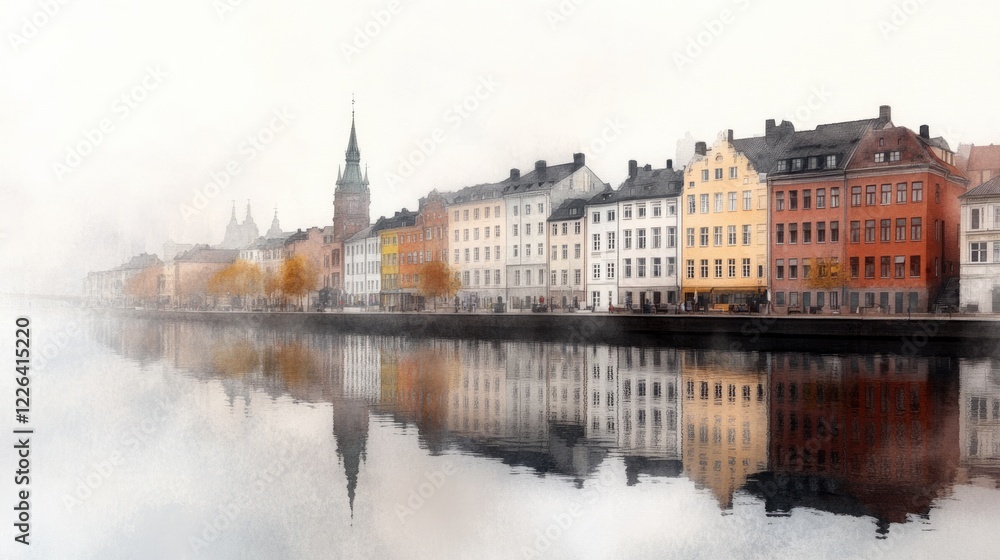 Fototapeta premium Colorful buildings line the riverbank, reflecting gently on the still water in a tranquil setting. Fog adds a dreamy quality to the charming scene, enhancing the peaceful ambiance