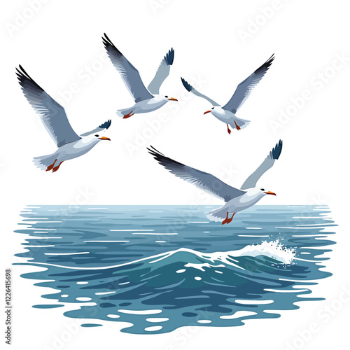 seaguls flying over the water vector illustration