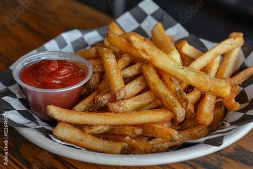 Plate of crispy golden French fries served with a side of ketchup on a wooden table in a casual eatery photo