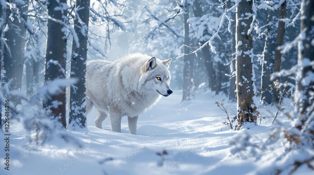 Obraz premium Beautiful watercolor artwork of a majestic wolf in a snowy forest, watercolor painting, trees, winter, snow