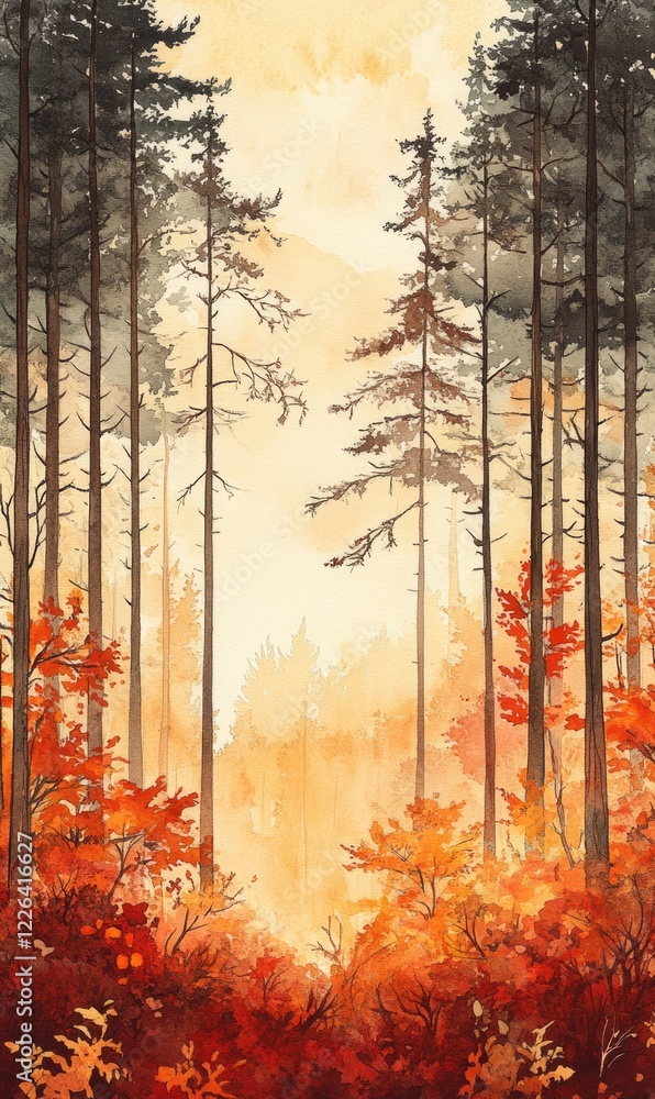 Fototapeta premium This artwork showcases a tranquil autumn landscape filled with towering trees and an array of colorful foliage. Warm orange and red hues dominate the scene, creating a cozy atmosphere