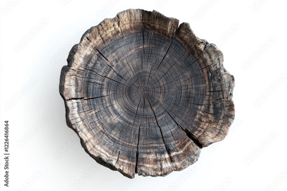 Obraz premium Rustic tree cross-section, wood texture, isolated, white background, nature design