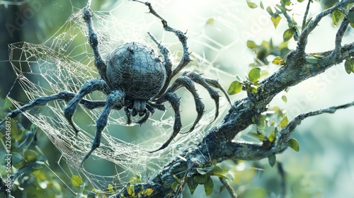 A large black spider with hairy legs sits in its web on a tree branch.