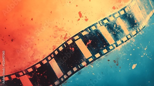 Filmstrip swirls dramatically against vibrant orange and blue hues. AI Generated