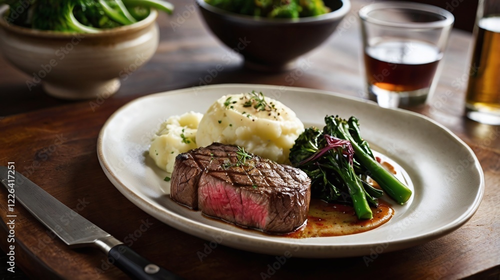 A gourmet dish featuring a perfectly cooked steak, served with a side of creamy mashed potatoes and a vibrant green vegetable. A gourmet dish featuring a perfectly cooked steak, served with a side of creamy mashed potatoes and a vibrant green vegetable.