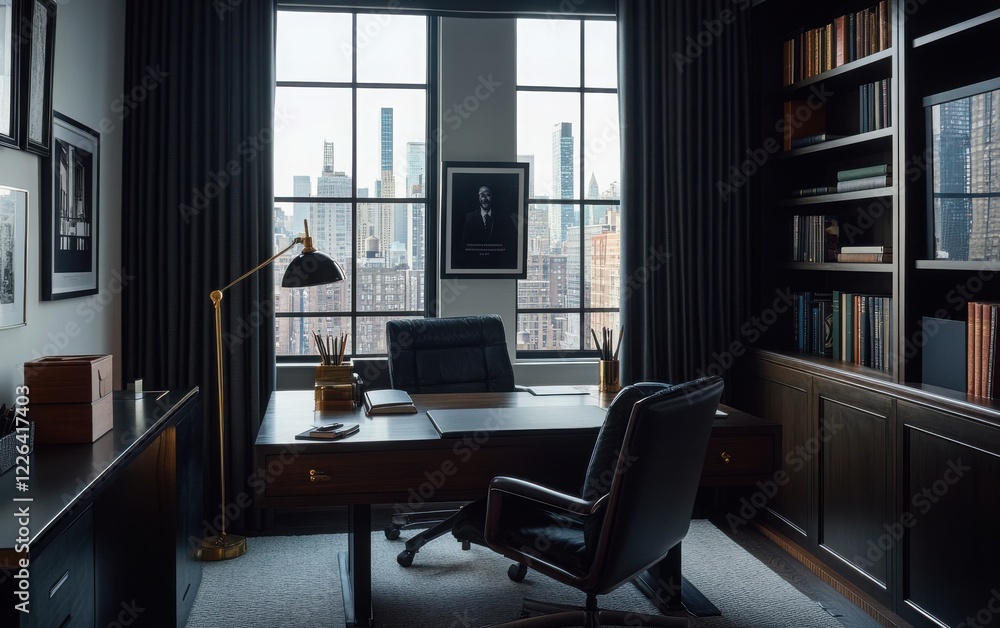 Fototapeta premium Sophisticated American-style office with a dark wooden desk, ergonomic chair, and an elegant desk lamp. 