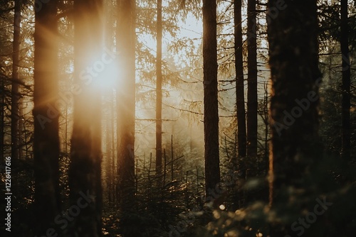 Sunlight filtering through tall trees in a serene forest, creating a tranquil and warm atmosphere photo