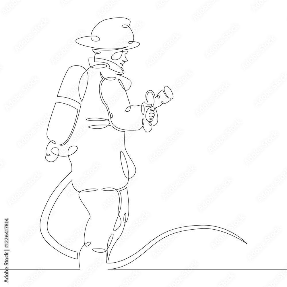 One continuous drawing line logo firefighter fireman rescuer in uniform and helmet at work .Single hand drawn art line doodle outline isolated minimal illustration cartoon character flat One continuous drawing line logo firefighter fireman rescuer in uniform and helmet at work .Single hand drawn art line doodle outline isolated minimal illustration cartoon character flat