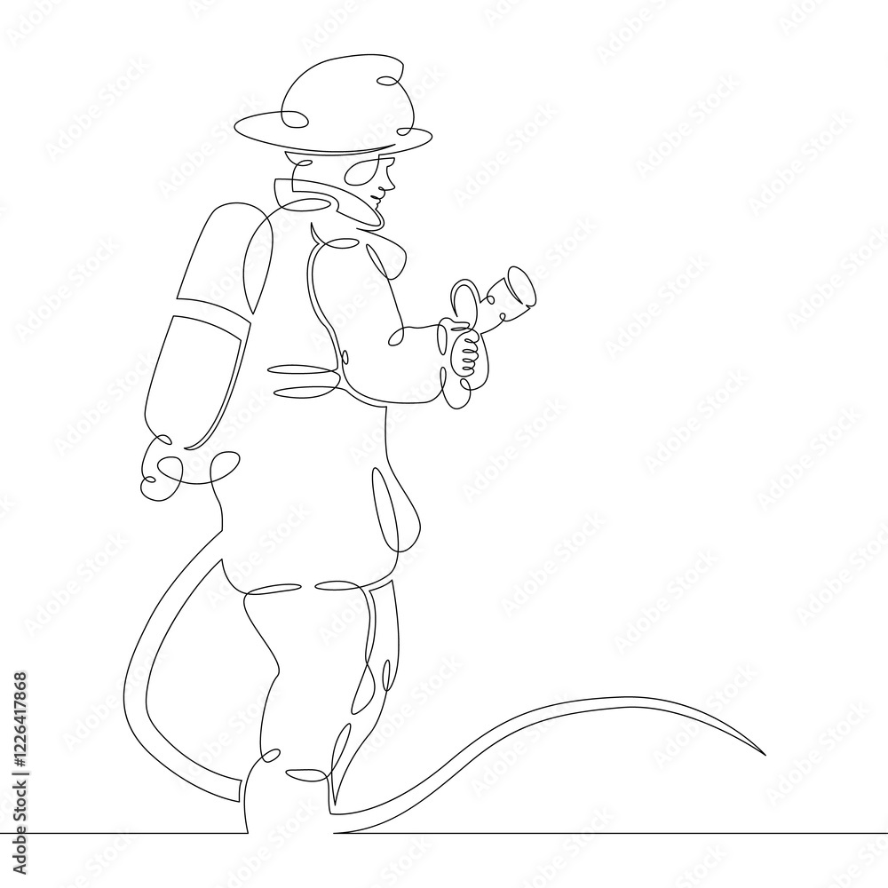 One continuous drawing line logo firefighter fireman rescuer in uniform and helmet at work .Single hand drawn art line doodle outline isolated minimal illustration cartoon character flat One continuous drawing line logo firefighter fireman rescuer in uniform and helmet at work .Single hand drawn art line doodle outline isolated minimal illustration cartoon character flat