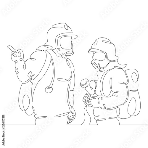One continuous drawing line logo firefighter fireman rescuer in uniform and helmet at work .Single hand drawn art line doodle outline isolated minimal illustration cartoon character flat