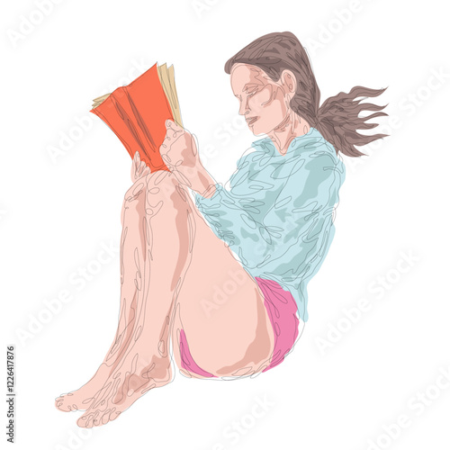 One continuous drawing line portrait of a beautiful girl in a nightgown is reading a book.Single hand drawn art line doodle outline isolated minimal illustration cartoon character flat