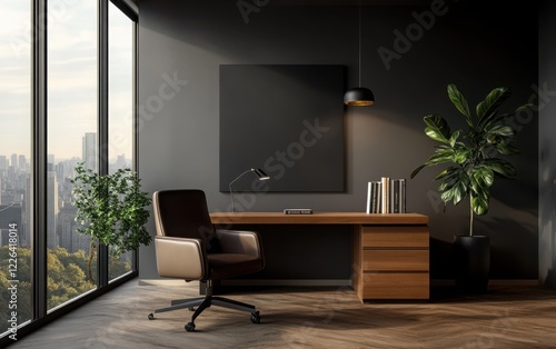Wallpaper Mural Sophisticated executive office suite featuring a dark leather chair, a minimalist wooden desk, and neatly organized business books.  Torontodigital.ca