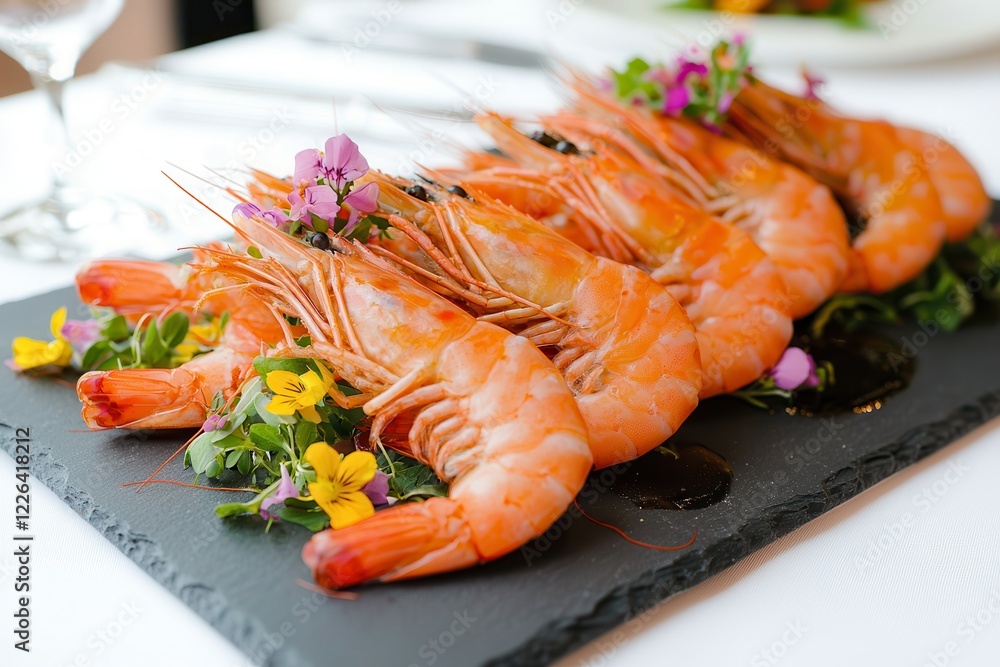Camarón rojo Succulent shrimp garnished with flowers on a slate plate.