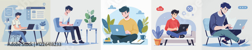 vector of male characters playing on a laptop