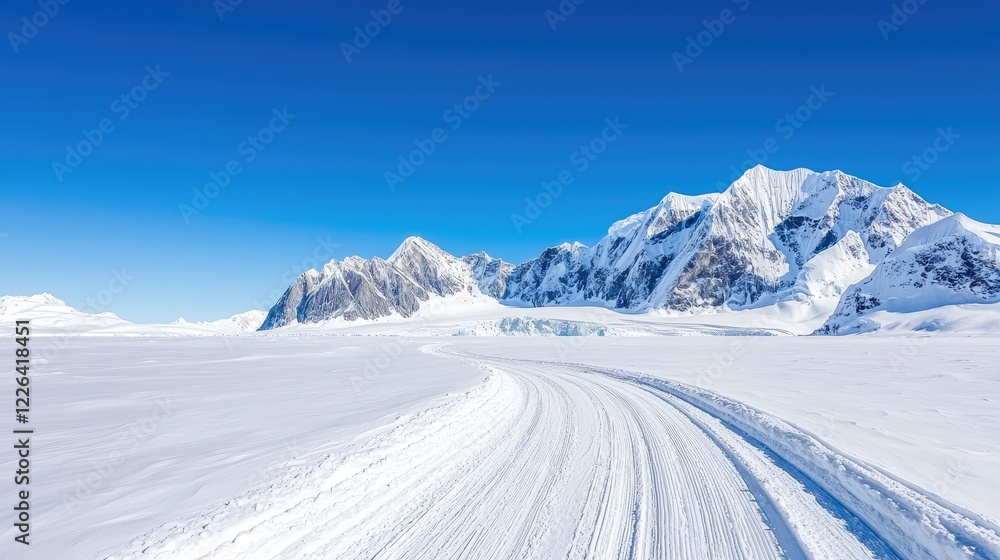 Winding snow road through glacial valley, mountains backdrop, sunny day, travel poster Winding snow road through glacial valley, mountains backdrop, sunny day, travel poster