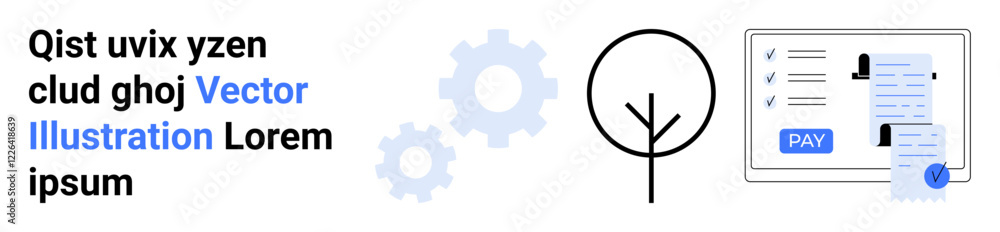 Payment document with user profile, gear icons symbolizing mechanics, and a stylized tree. Ideal for finance, workflow, automation, sustainability, minimalism, business solutions abstract line flat Payment document with user profile, gear icons symbolizing mechanics, and a stylized tree. Ideal for finance, workflow, automation, sustainability, minimalism, business solutions abstract line flat