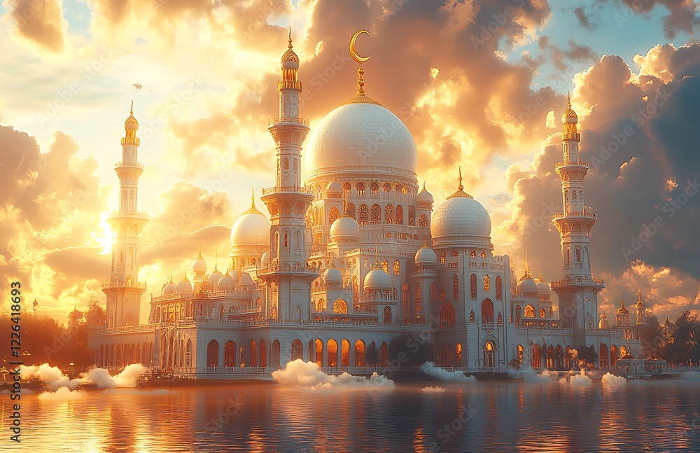 Obraz premium Majestic Mosque with White Domes and Minarets Reflecting in Water at Sunset
